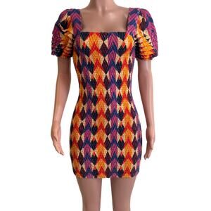 Farm Rio Lindeza Grafica Mini Dress Womens S Smocked Puff Sleeve Multicolor